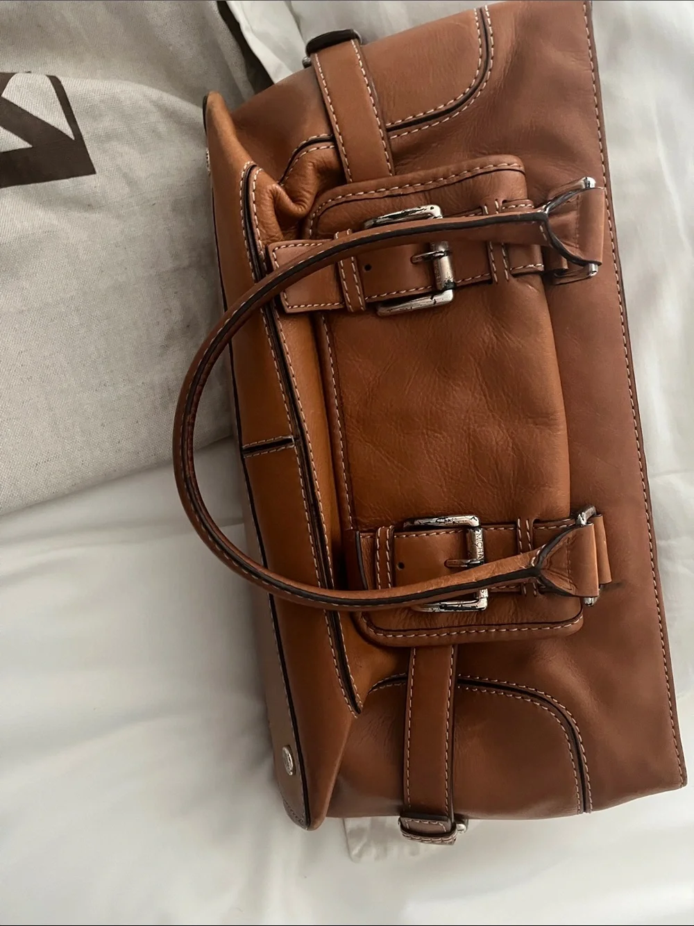 Michael Kors Tan/Brown Leather Satchel with Buckle Accents